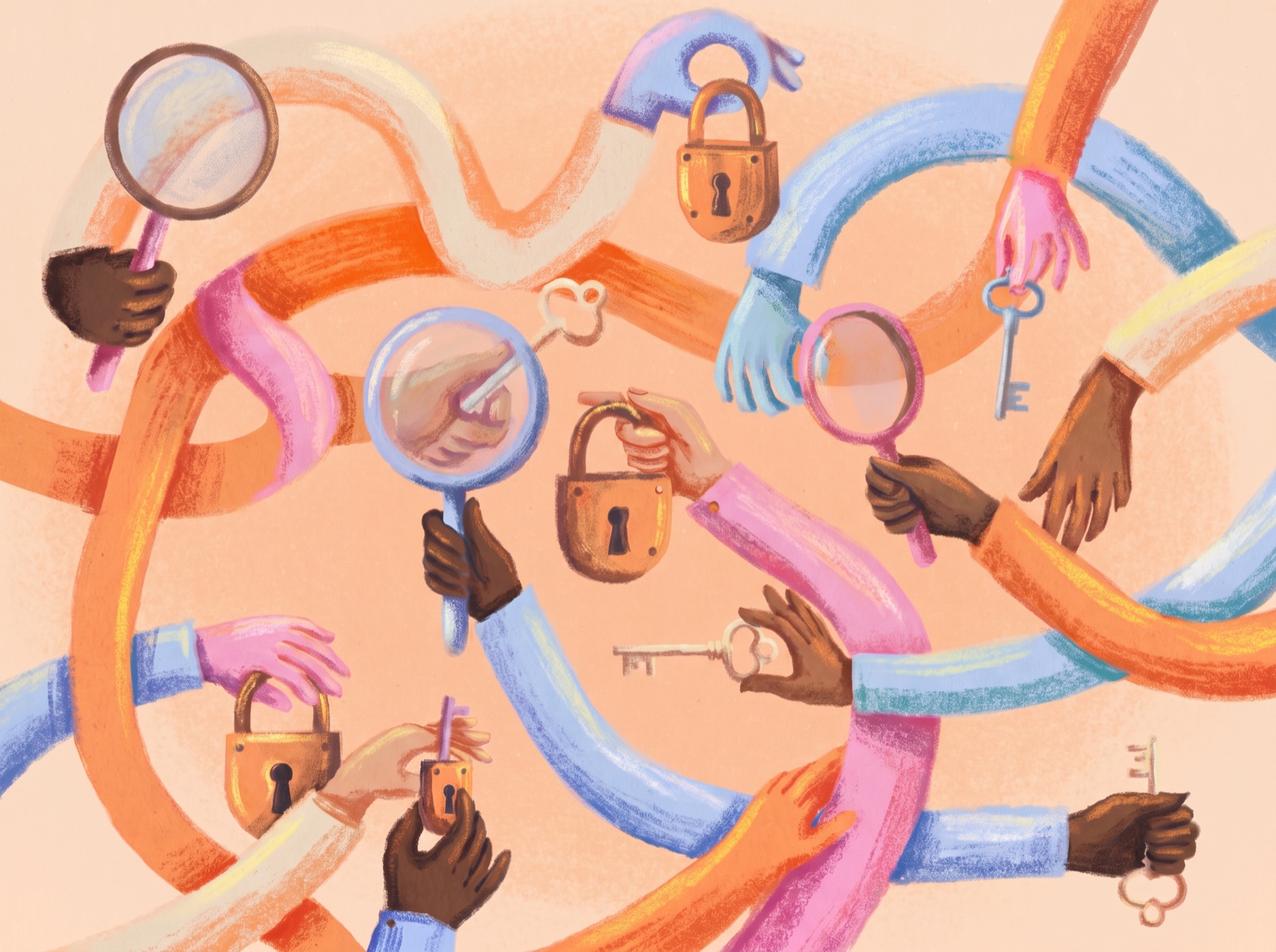 Illustration of interlinked hands passing keys and a magnifying glass, on a warm peach background — a picture of trust, access, and scrutiny.