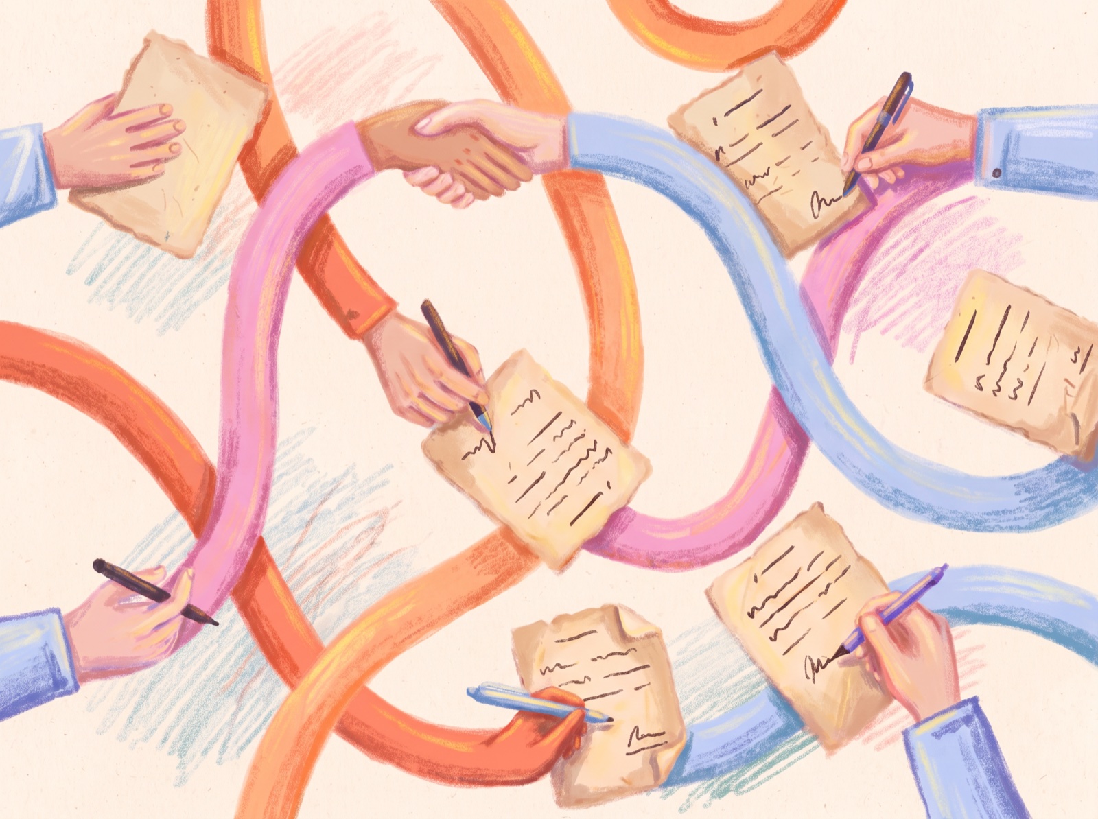 Illustration of interlinked arms signing paper contracts and shaking hands, on a warm cream background — a picture of agreement in good faith.